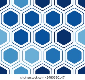 Abstract background with geometric mosaic shapes. Rounded hexagons mosaic pattern with inner solid cells in blue color tones. Large hexagons. Seamless pattern. Tileable vector illustration.