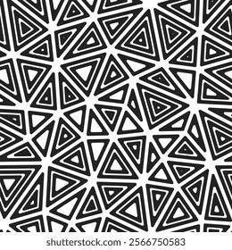 Abstract background with geometric mosaic shapes. Multiple repeated inner triangles. Large triangles size. Black and white style. Seamless pattern. Classy vector tiles. Stylish vector illustration.