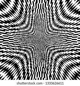 Abstract background of geometric optical illusion. Monochrome background of the pattern diverging from the center with the illusion of movement. Overlay template. Vector EPS10