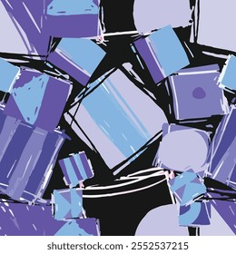 Abstract background. The geometric pattern features shapes and shades in blue and purple, forming a vibrant visual composition. Sketch squares lines and triangles