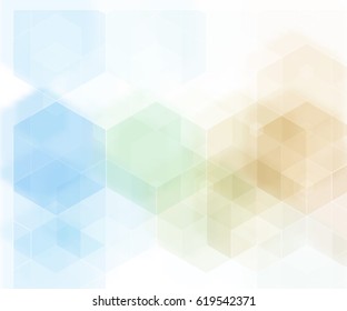 Abstract background with geometric pattern of hexagons green, blue and beige on a white background.