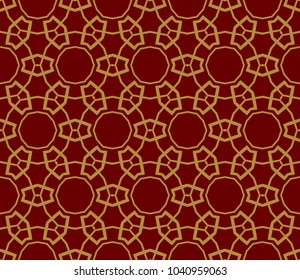 Abstract background with geometric seamless ornament in red and gold colors. Vector illustration.