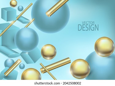 Abstract background with geometric shapes. Blue and gold 3D shapes.