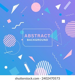 Abstract background with geometric shapes, circles, squares, triangles, multi-colored lines and curves. In the center there is a frame and letters. Design for book covers, posters, decorations.