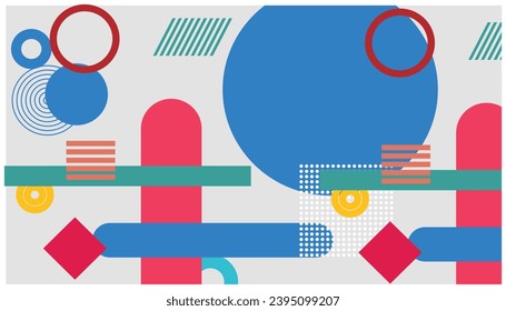 Fondo abstracto con formas geométricas. Los círculos, rectángulos y líneas de color son de estilo retro. Ilustración vectorial de diseño plano. Se puede usar para publicidad, presentación