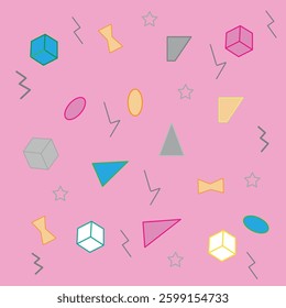  abstract background with geometric shapes of different colors and shapes. template for fabric, wallpaper, packaging, banner, wall, on pink background, flat vector illustration