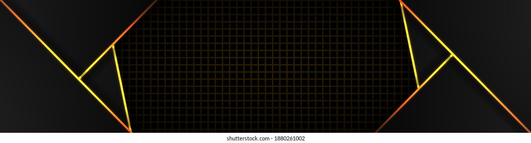 Abstract background of geometric shapes and gold stripes on a dark square grid. Futuristic luxury modern technology background.