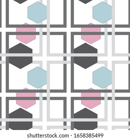 Abstract background from geometric shapes of hexagons in pink, gray and blue-gray colors. Seamless pattern