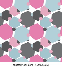 Abstract background from geometric shapes of hexagons in pink, gray and blue-gray colors. Seamless pattern