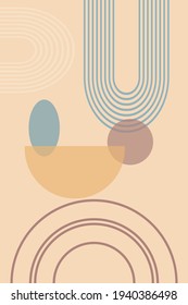 Fondo abstracto con formas y líneas geométricas. Impresión arcoiris y círculo solar, estilo boho. Impresión minimalista moderna en tonos pastel. Concepto de equilibrio, armonía y equilibrio. Vector 
