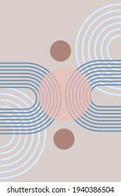  Abstract background with geometric shapes and lines. Rainbow print and sun circle, boho style. Modern minimalist print in pastel colors. Concept of balance, harmony and equilibrium. Vector 
