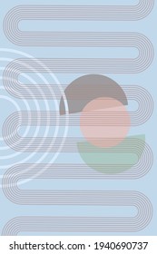  Abstract background with geometric shapes and lines. Rainbow print and sun circle, boho style. Modern minimalist print in pastel colors. Concept of balance, harmony and equilibrium. Vector 