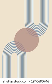  Abstract background with geometric shapes and lines. Rainbow print and sun circle, boho style. Modern minimalist print in pastel colors. Concept of balance, harmony and equilibrium. Vector 