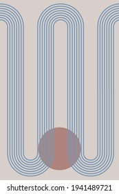  Abstract background with geometric shapes and lines. Rainbow print and sun circle, boho style. Modern minimalist print in pastel colors. Concept of balance, harmony and equilibrium. Vector 