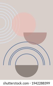  Abstract background with geometric shapes and lines. Rainbow print and sun circle, boho style. Modern minimalist print in pastel colors. Concept of balance, harmony and equilibrium. Vector 