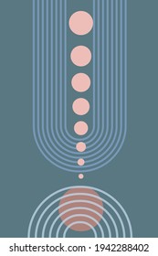  Abstrakter Hintergrund mit geometrischen Formen und Linien. Regenbogendruck und Sonnenkreis, Boho-Stil. Moderner minimalistischer Druck in Pastellfarben. Konzept des Gleichgewichts, der Harmonie und des Gleichgewichts. Vektorgrafik 