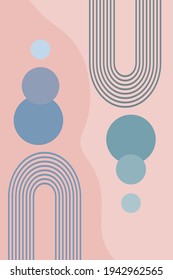  Abstract background with geometric shapes and lines. Rainbow print and sun circle, boho style. Modern minimalist print in pastel colors. Concept of balance, harmony and equilibrium. Vector 