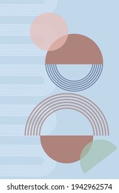  Abstract background with geometric shapes and lines. Rainbow print and sun circle, boho style. Modern minimalist print in pastel colors. Concept of balance, harmony and equilibrium. Vector 