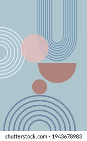  Abstract background with geometric shapes and lines. Rainbow print and sun circle, boho style. Modern minimalist print in pastel colors. Concept of balance, harmony and equilibrium. Vector 