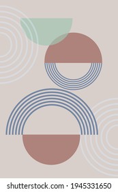 Abstract background with geometric shapes and lines. Rainbow print and sun circle, boho style. Modern minimalist print in pastel colors. Concept of balance, harmony and equilibrium. Vector 