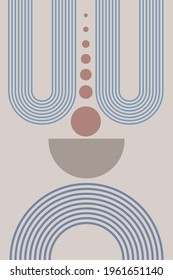 Abstract background with geometric shapes and lines. Rainbow print and sun circle, boho style. Modern minimalist print in pastel colors. Concept of balance, harmony and equilibrium. Vector.