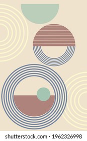 Abstract background with geometric shapes and lines. Rainbow print and sun circle, boho style. Modern minimalist print in pastel colors. Concept of balance, harmony and equilibrium. Vector.