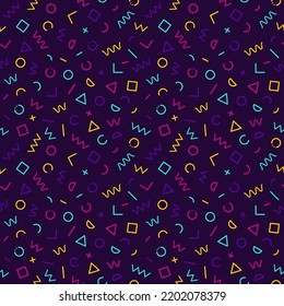 Abstract background of geometric shapes Memphis 90s style. Vector seamless pattern with neon colors