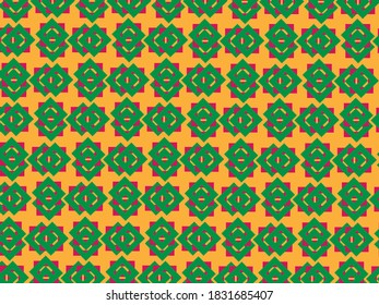 Abstract background of geometric shapes on a yellow background with green and red ornaments.
