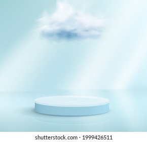 Abstract background with geometric shapes in pastel blue. Minimalistic stage with cylindrical podium and cloud for product mockup.