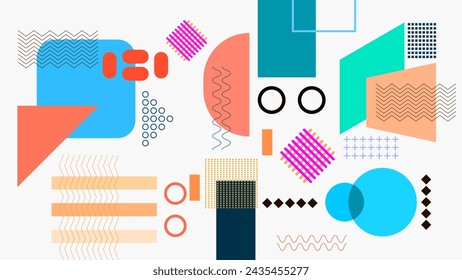 ABSTRACT BACKGROUND WITH GEOMETRIC SHAPES PASTEL FLAT COLOR VECTOR MEMPHIS DESIGN TEMPLATE FOR WALLPAPER, COVER DESIGN, HOMEPAGE DESIGN