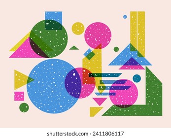 Abstract background with geometric shapes and risograph effect. Minimalist art print. Textured retro backdrop