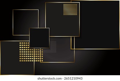 Fondo abstracto Cuadrados geométricos ิnegros y líneas de oro, utilizados en medios de trabajo de ilustración gráfica u otros, ilustración 2D