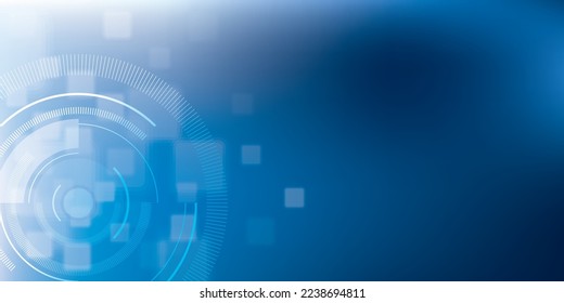 Abstract background with geometric tech shapes, blurred square shapes and parallel lines in a circle, background for the Internet banner. Blue scientific or medical background.