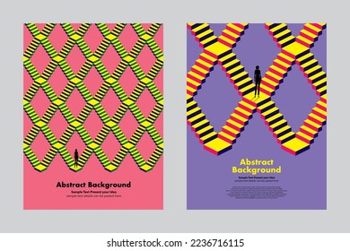 Abstraktes geometrisches Vektordesign auf abstraktem Hintergrund, Treppen mit menschlichem Stehen auf und ab, Verbindung, Silhouetten, Cover-Poster-jährlichen Layout-Vorlagen Broschüren Flyer Broschüren, Entscheidung, Auswahl, Ziel