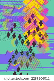 Abstract background geometrical graphic art pattern. Simple template for book cover, Newsletter, Social Media backdrop with vibrant colors. Vintage busy poster with random geometric shapes.