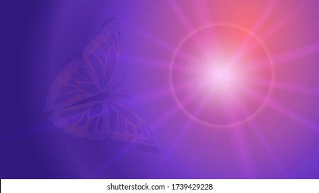 Abstract background. A ghostly butterfly flying towards the light source. Vector illustration.
