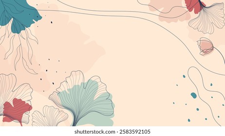 abstract background with ginkgo leaves, wavy lines, elegant flowers and color spot