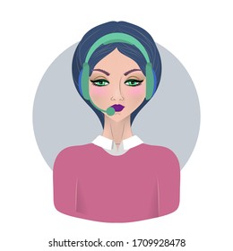 Abstract background of a girl with a microphone and headphones. Concept of business, call center, working with clients.