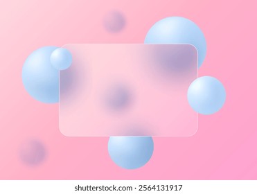 Abstract background in glass morphism style. Frosted glass partition with floating spheres.