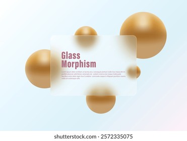 Abstract background in glass morphism style, transparent partition of transparent material with golden spheres on light background.