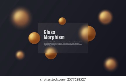 Abstract background in glass morphism style. Frosted glass partition with floating spheres. Black background.