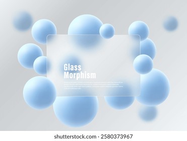 Abstract background in glass morphism style. Presentation panel and blue spheres.