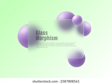 Abstract background in glass morphism style. Transparent partition with spheres.