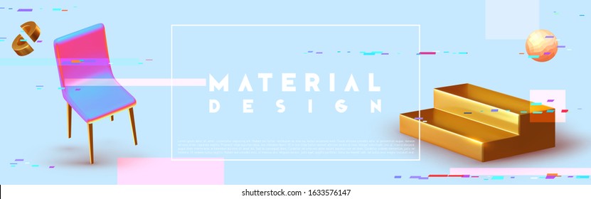 Abstract background with glitch effect and realistic geometric objects 3d shape. Designed by Trendy minimal poster. vector illustration