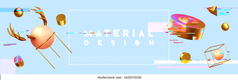 Abstract background with glitch effect and realistic geometric objects 3d shape. Designed by Trendy minimal poster. vector illustration