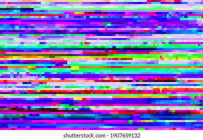 Abstract background with glitch effect, vector distortion, glitched colored horizontal stripes and random pixels on Television set or video camera screen. Distorted glitch effect, no signal TV frame