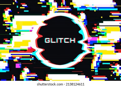 Abstract background in glitch style with place for text. Colorful TV distortion effect. Glitch circle frame. VHS screen digital noise. Ideal for banner, promo, party invite, etc. Vector illustration.