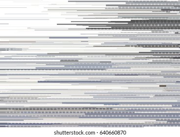 Abstract background with glitched horizontal stripes, stream line binary code background with two binary digits 0 and 1. Concepts of aesthetics of signal error, computer coding, hacker, encryption.