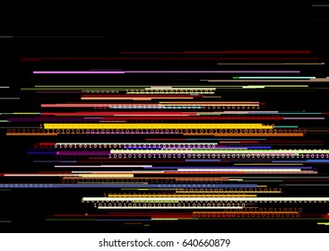 Abstract background with glitched horizontal stripes, stream line binary code background with two binary digits 0 and 1. Concepts of aesthetics of signal error, computer coding, hacker, encryption.
