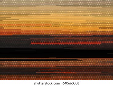 Abstract background with glitched horizontal stripes, stream line binary code background with two binary digits 0 and 1. Concepts of aesthetics of signal error, computer coding, hacker, encryption.